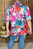 Rose red floral print v-neck lantern sleeve baby doll women blouse XCH16347