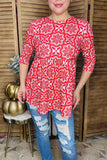 Plus size floral swing flare shirt 3/4 sleeve women tunic top GJQ16378