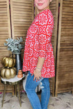 Plus size floral swing flare shirt 3/4 sleeve women tunic top GJQ16378