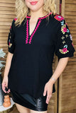 Fuchsia trim & floral embroidery black women top XCH16344