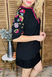 Fuchsia trim & floral embroidery black women top XCH16344