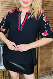 Fuchsia trim & floral embroidery black women top XCH16344