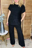 Black textured short sleeve top & wide leg pant 2pc women sets XCH16518(ES6)