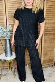 Black textured short sleeve top & wide leg pant 2pc women sets XCH16518(ES6)
