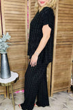 Black textured short sleeve top & wide leg pant 2pc women sets XCH16518(ES6)