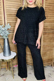 Black textured short sleeve top & wide leg pant 2pc women sets XCH16518(ES6)