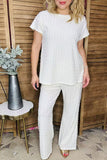 White textured short sleeve top & wide leg pant 2pc women set XCH16517 IS4