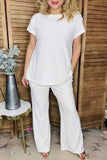 White textured short sleeve top & wide leg pant 2pc women set XCH16517 IS4