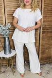 White textured short sleeve top & wide leg pant 2pc women set XCH16517 IS4