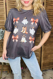 Western ghost & boot & bow dark grey latern short sleeve women top GJQ16379 DS10