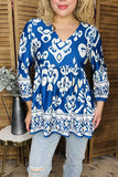 Western blue paisley printed baby doll women blouse GJQ16388