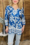 Western blue paisley printed baby doll women blouse GJQ16388