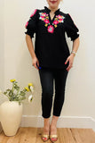 Black gingham mulit color birds flower embidery short sleeve women top XCH16341 CF Floor