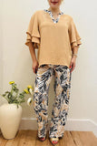 Fre-fall khaki ruffle top & wide leg pant 2pc women set BQ16169