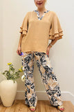 Fre-fall khaki ruffle top & wide leg pant 2pc women set BQ16169