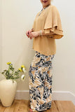 Fre-fall khaki ruffle top & wide leg pant 2pc women set BQ16169
