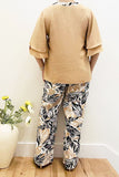 Fre-fall khaki ruffle top & wide leg pant 2pc women set BQ16169