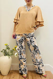 Fre-fall khaki ruffle top & wide leg pant 2pc women set BQ16169