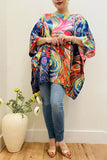 Multi color abstract painting satin casual blouse women's poncho XCH16210 BS1