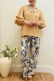 Fre-fall khaki ruffle top & wide leg pant 2pc women set BQ16169