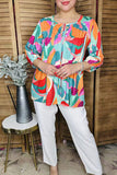 Multi Color tropical foliage printed 3/4 sleeves pleats front women blouse w/strings and buttons BQ16316