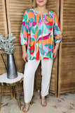 Multi Color tropical foliage printed 3/4 sleeves pleats front women blouse w/strings and buttons BQ16316
