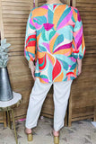 Multi Color tropical foliage printed 3/4 sleeves pleats front women blouse w/strings and buttons BQ16316