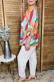 Multi Color tropical foliage printed 3/4 sleeves pleats front women blouse w/strings and buttons BQ16316