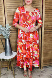 Orange floral printed 3/4 sleeves elastic chest maxi women dress GJQ16281 (AS4)