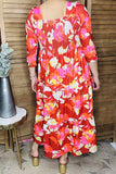 Orange floral printed 3/4 sleeves elastic chest maxi women dress GJQ16281 (AS4)