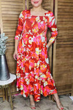 Orange floral printed 3/4 sleeves elastic chest maxi women dress GJQ16281 (AS4)