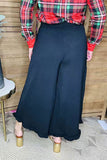 Restock--solid color black ruffles wide leg women pant XCH16374