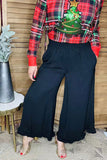 Restock--solid color black ruffles wide leg women pant XCH16374