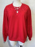Red knit fabric lace patch long sleeve women blouse w/criss cross neckline BQ15976 FS6