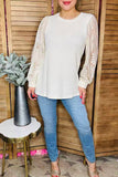 Restock---Cream knit fabric lace long sleeve women blouse XCH16402