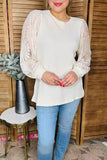 Restock---Cream knit fabric lace long sleeve women blouse XCH16402