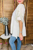 Off-white polka dots & lantern lace half sleeve baby doll women top XCH16552(BS8)
