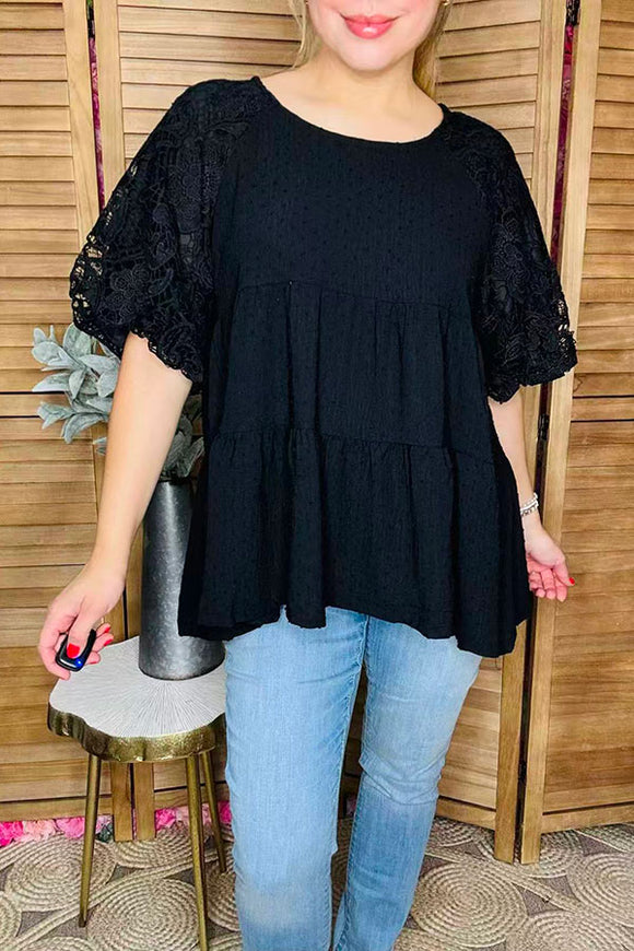 Black polka dots & lantern lace half sleeve baby doll women top XCH16340 BS6