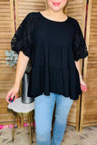 Black polka dots & lantern lace half sleeve baby doll women top XCH16340 BS6