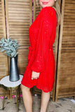 Red quin puff long sleeve women dress w/belt & linling XCH16062 AS3