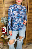 Western horse riding printed mesh sheer long sleeve blue women top XCH16584