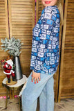 Western horse riding printed mesh sheer long sleeve blue women top XCH16584