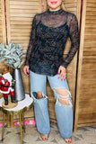 RODEO printed black mesh long sleeve women top  XCH16565(IS5)
