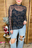 RODEO printed black mesh long sleeve women top  XCH16565(IS5)