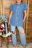 Denim blue flutter short sleeve fringed women top w/buttons up XCH165522