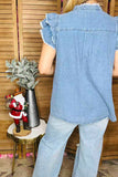 Denim blue flutter short sleeve fringed women top w/buttons up XCH165522