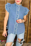 Denim blue flutter short sleeve fringed women top w/buttons up XCH165522