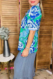Blue floral printed green puff short sleeves women top BQ16432