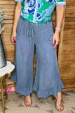 Restock---Blue denim color straight ruffle wide leg women pant XCH16416