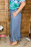 Restock---Blue denim color straight ruffle wide leg women pant XCH16416